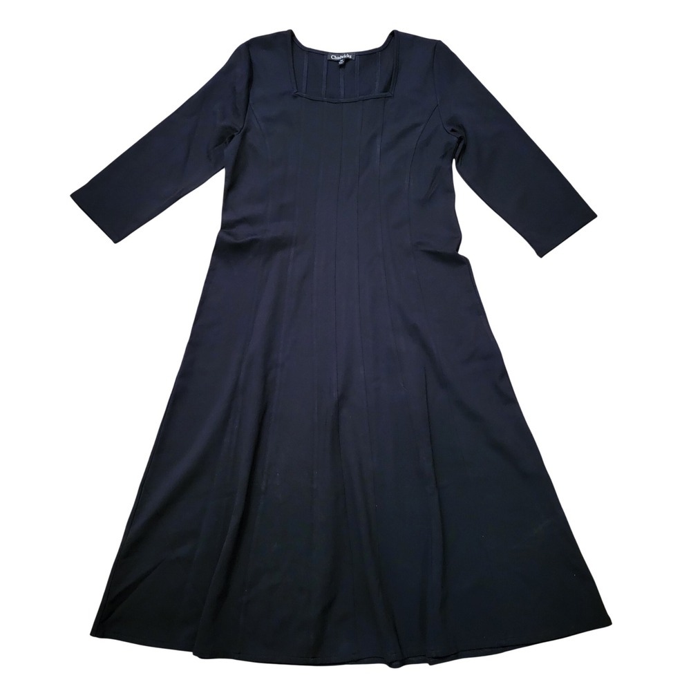 Chadwicks PM Midi Dress Black Square Neck Pintuck 3/4 Sleeve LBD Formal‎ Goth